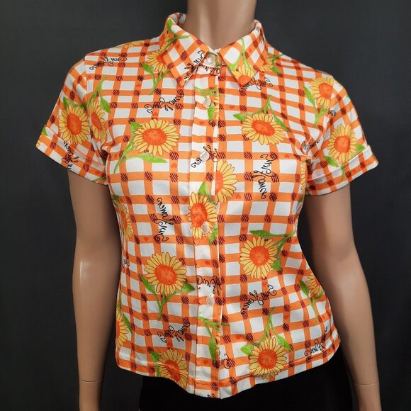 Vintage 90s Sunflower Print Button Up Blouse Orange White Check S short sleeve - Picture 1 of 9